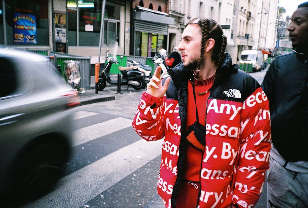 supreme the north face by any means nuptse jacket red