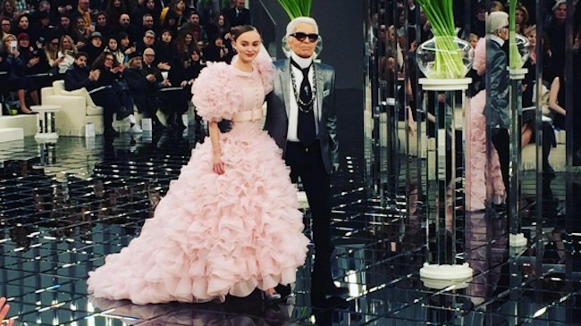 lily-rose depp closed chanel in a giant pink wedding gown